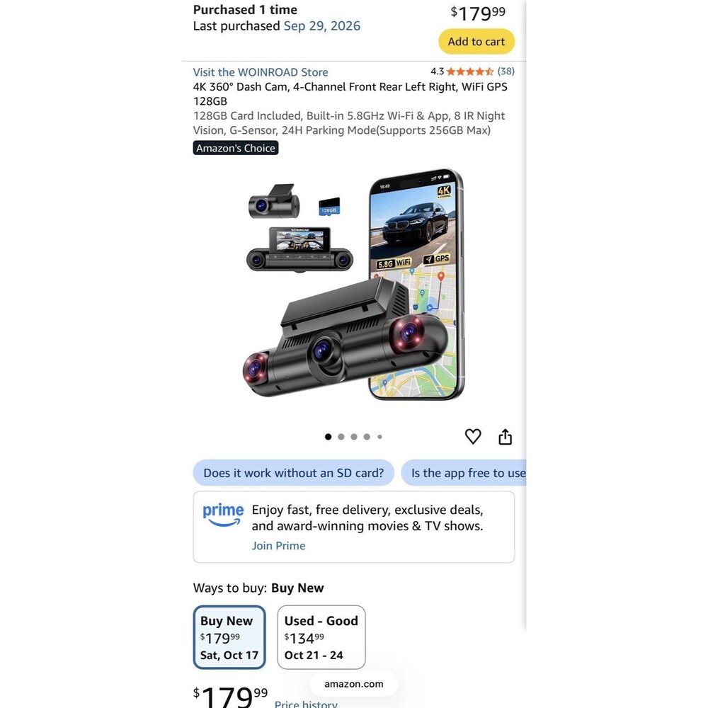 4K 360° 4-Channel Dash Cam (Front, Rear, Sides) with WiFi & GPS - 128GB Included